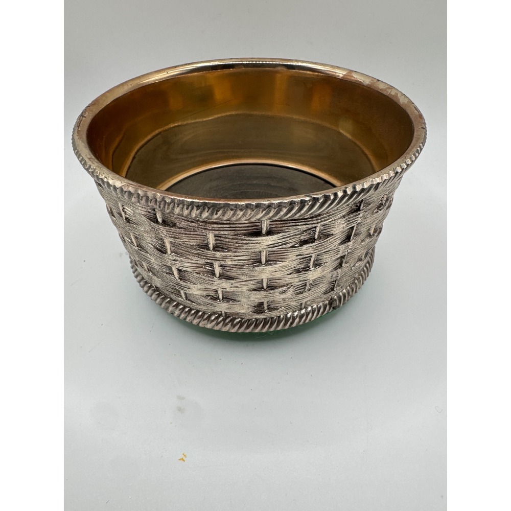 Vintage Silver Tone Basketweave Wine Bottle Coaster Made in Japan Gold Interior